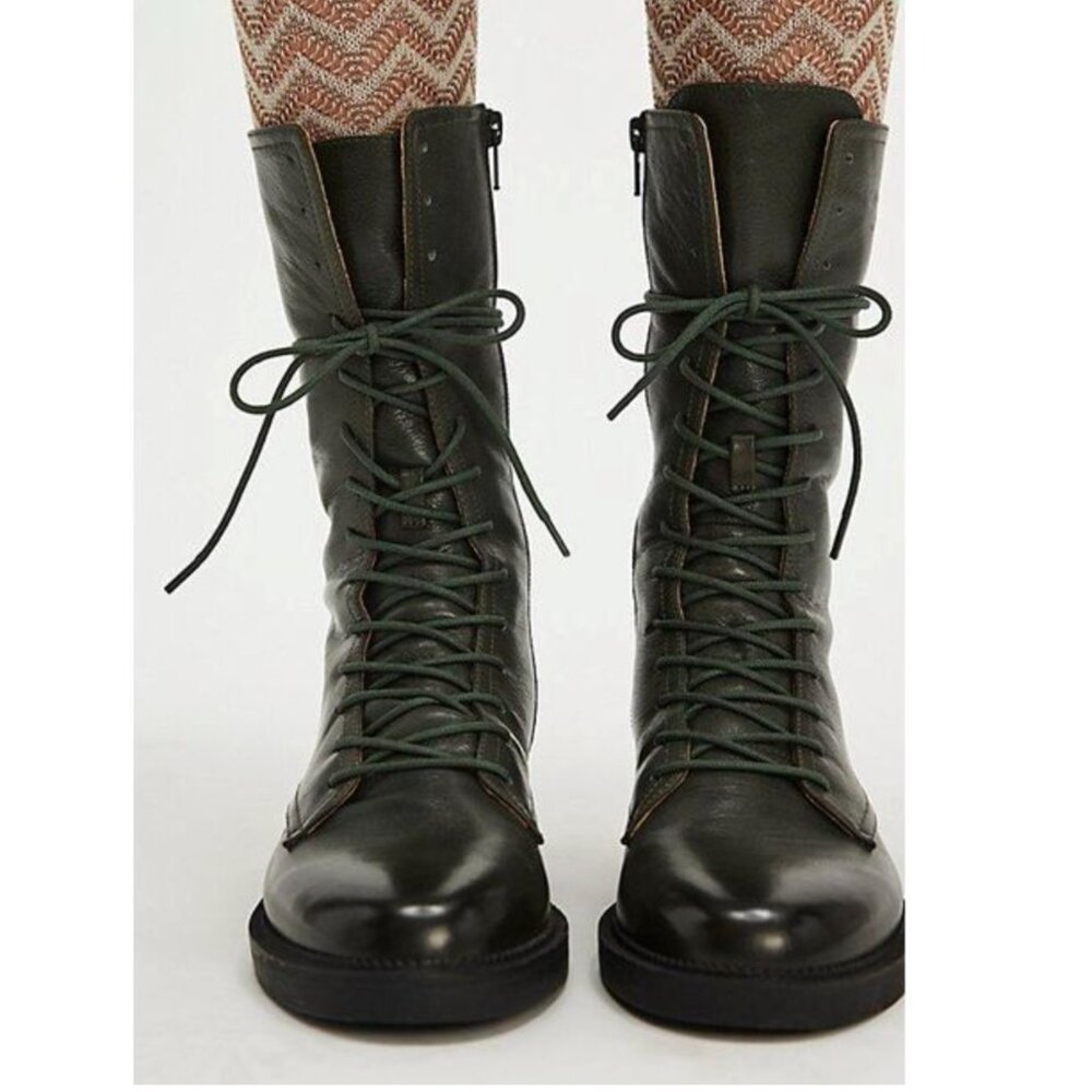 FREE PEOPLE SILENT D green buttery soft leather combat boots lace-up 38 RT $248